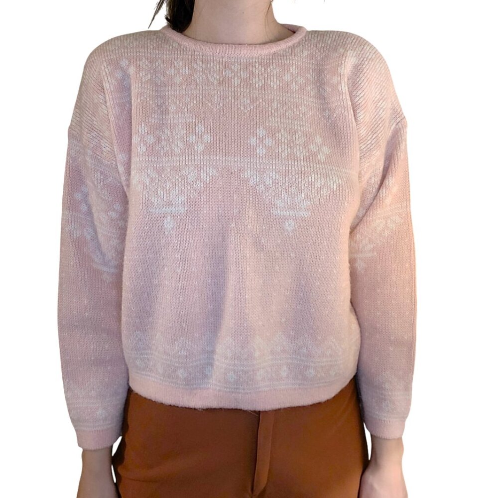 80s Pink Fair Isle Print Crewneck Knit Sweater women's small